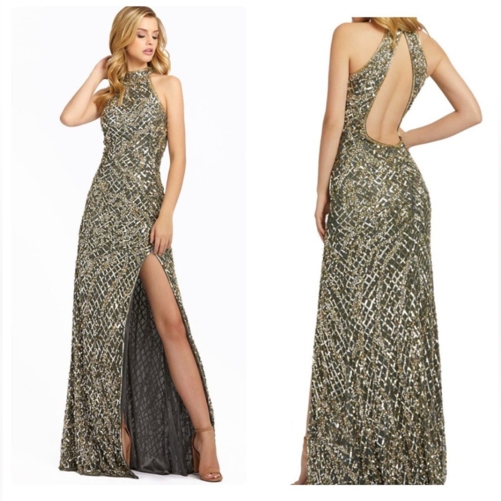 Mac Duggal 4112 gown sz 4 - formal dress sequin beaded open back Platinum